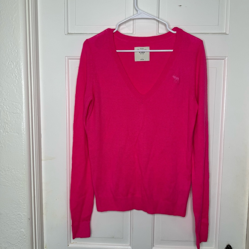 Abercrombie & Fitch Hot Pink V-Neck Sweater Logo Y2K Wool Blend Size L
